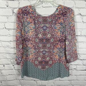 Maeve by Anthropologie Blouse Tunic 100% Silk Kaleidoscope Design Back Buttons 0